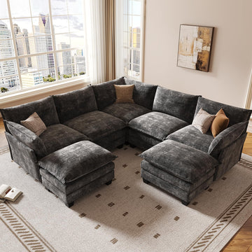 120" Modular Sectional Sofa, Large V Shape 7 Seater Convertible J/L/U-Shaped Modern Sectional Couch with Ottoman