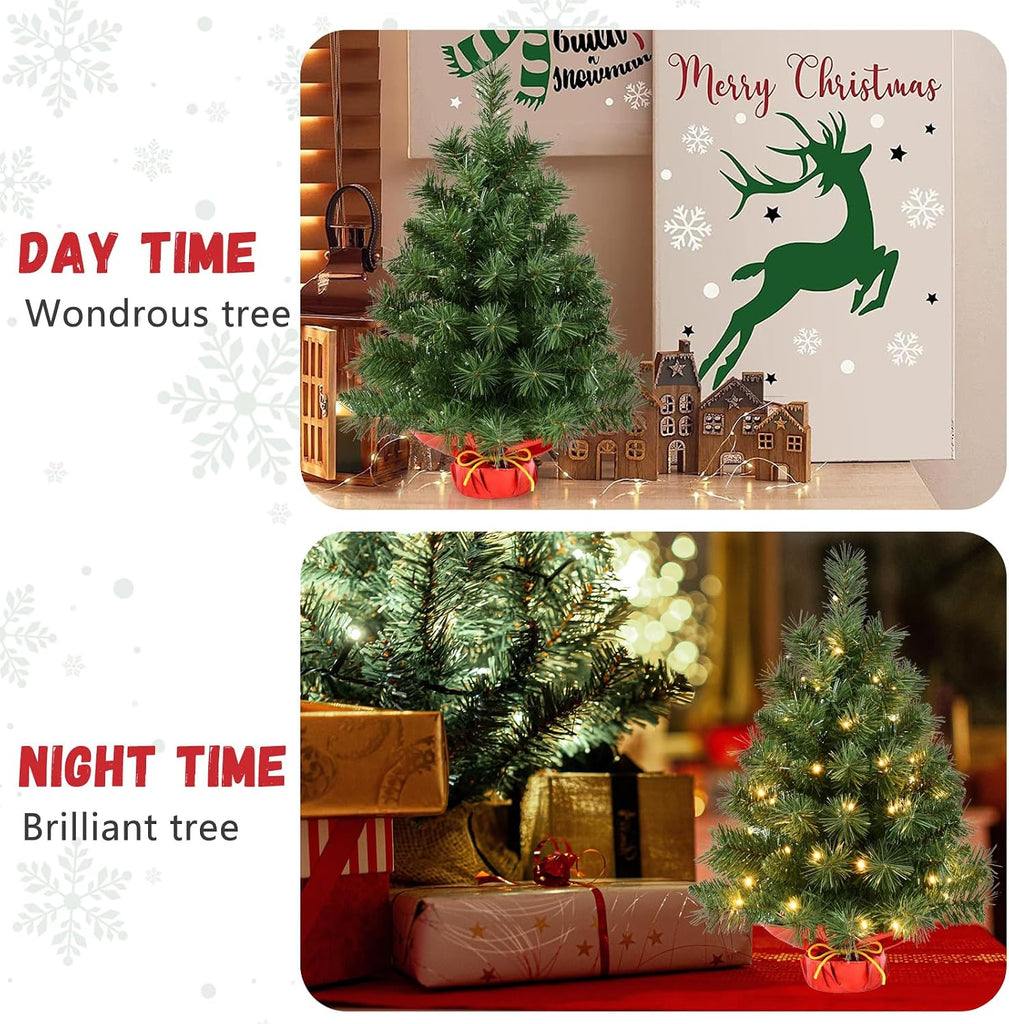 Pre-lit 2ft Small Christmas Tree, Artificial mini Christmas Tree with 50 LED Lights, Battery Operated Tabletop Xmas