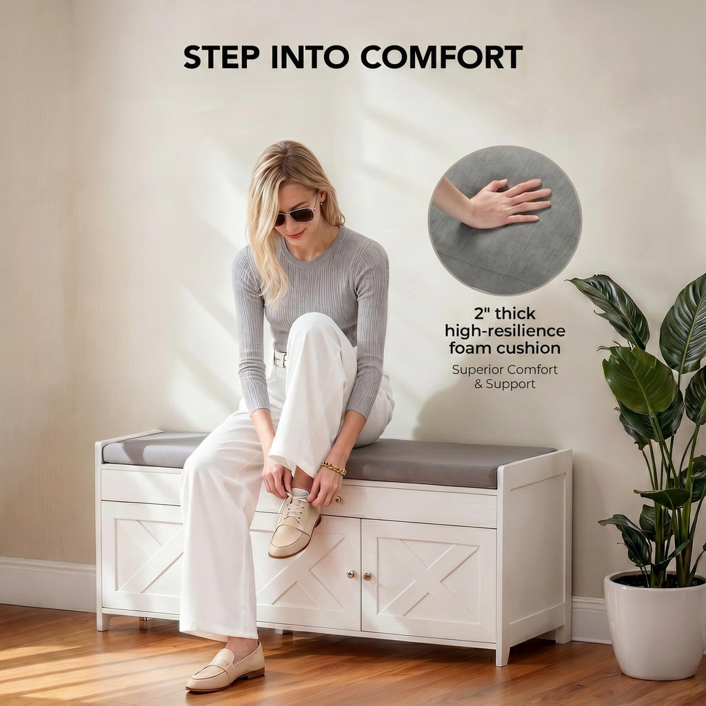 Shoe Storage Bench with Seating, Farmhouse Entryway Bench, White