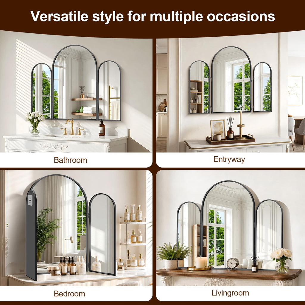Trifold Vanity Mirror, 30x36Inch 3 Way Mirror Metal Frame, Black Tri Fold Arched Mirror Wall Mounted for Make up