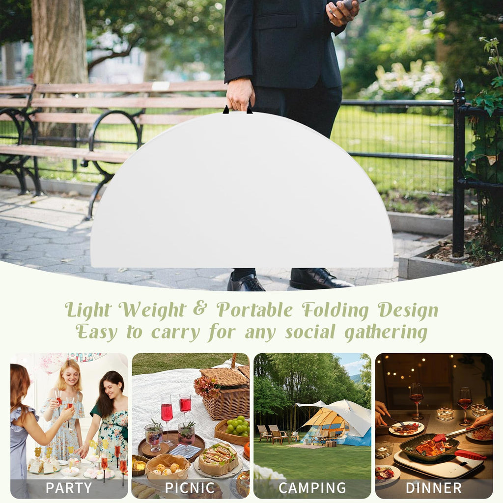 5 FT Round Folding Tables White Foldable Table, Fold-in-Half with Carrying Handle Portable Plastic Table for Party
