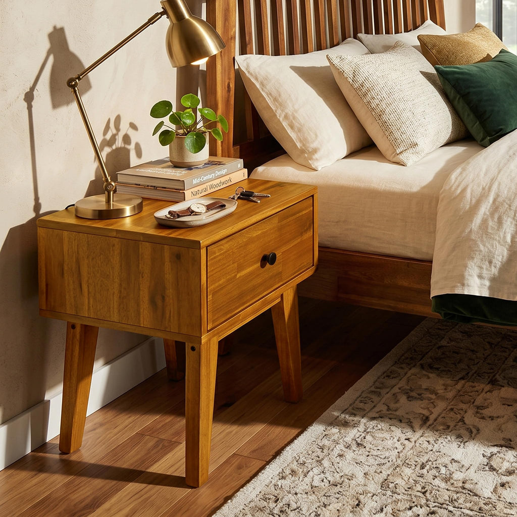 Sofia Nightstand with Drawer, Bedside Table, Solid Wood Bedside End Table with Drawer and Storage Space, Caramel