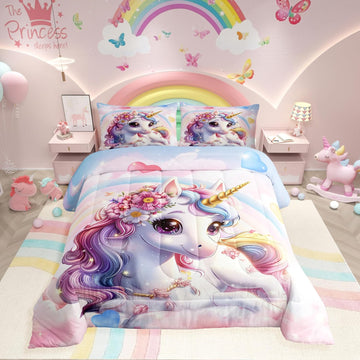 Unicorn Twin Comforter Set for Girls Cute Rainbow Unicorn Bedding Set for Kids Cartoon Pink Bedroom Decor for Girls