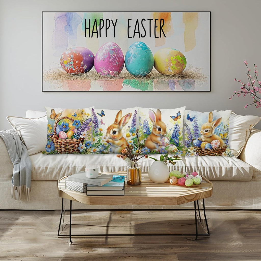 Easter Pillow Covers 18x18 Inch Bunny Eggs Throw Pillow Covers Easter Floral Butterfly Decorative Pillowcase - Set of 4