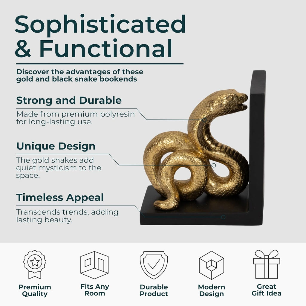 Elegant 6-Inch Polyresin Snake Bookends in Striking Gold and Black