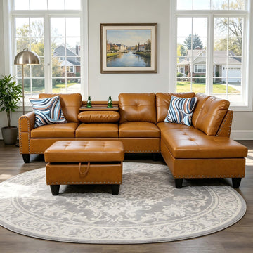 Leather 3-Piece L-Shaped Couches, Sectional Sofa with Storage Ottoman & Movable Chaise, Modular Convertible Couch