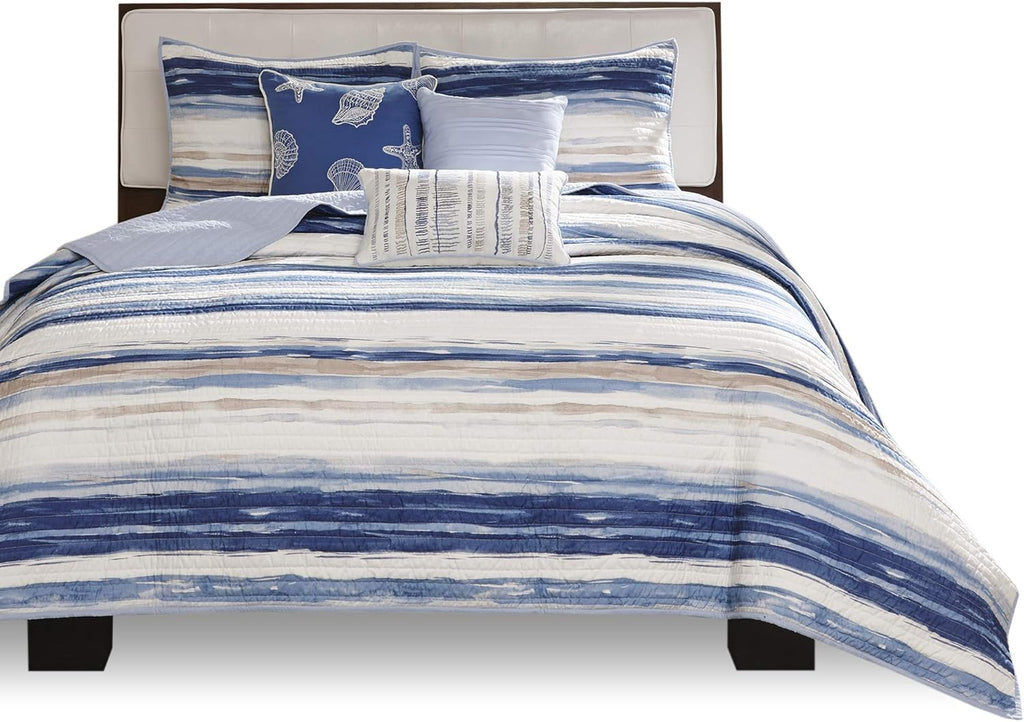 Quilt Set Cottage Coastal Design, 6 Piece Set - All Season, Coverlet Bedspread Lightweight Bedding Layer, Shams, Toss