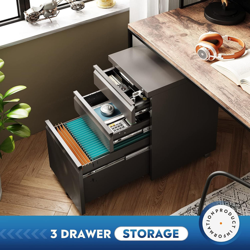 3 Drawer Mobile File Cabinet with Lock, Under Desk Metal Filing Cabinet /Legal/Letter/A4 File, Fully Assembled Except