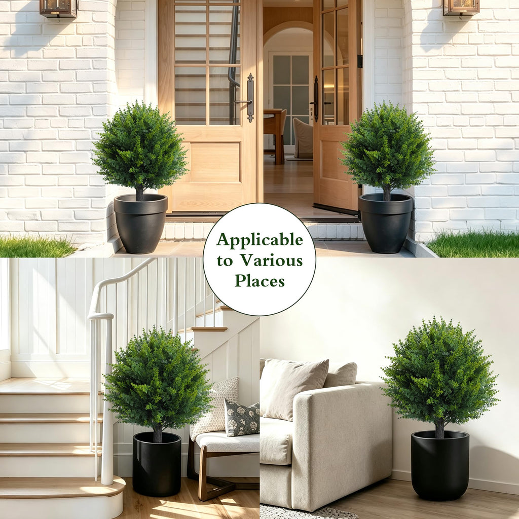 25" Artificial Cedar Topiary Ball Tree, Set of 2 with Ground Spikes, UV Resistant Faux Cypress Plants, Evergreen