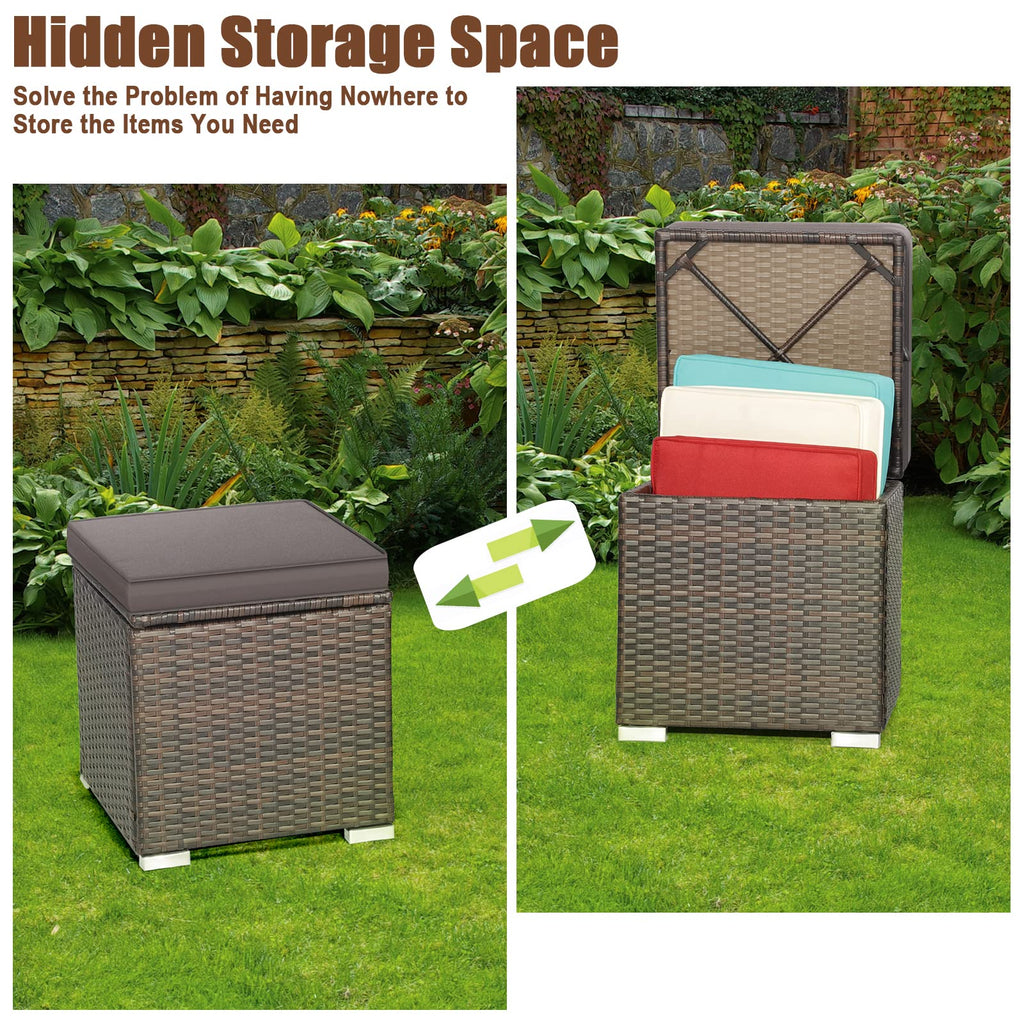 Outdoor Storage Ottoman Wicker 2 Piece, Patio Ottomans PE Rattan Foot Rest Footstool with Cushions for Couch, Chair