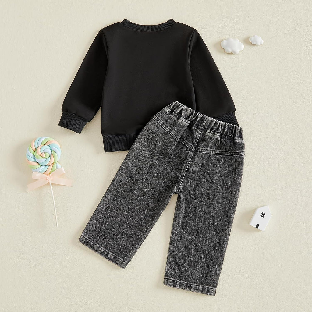 Toddler Boy Fall Outfits Solid Long Sleeve Pullover Denim Pants 2 Pcs Set