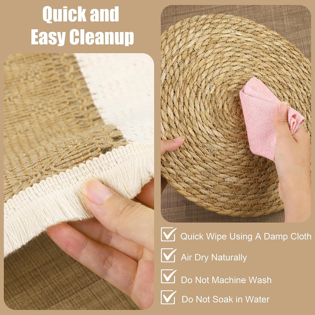 Set Handmade Boho Placemats Natural Cotton Burlap Table Mats, 6 Rectangle with Tassel & 6 Round Bulrush Placemats - Set of 12