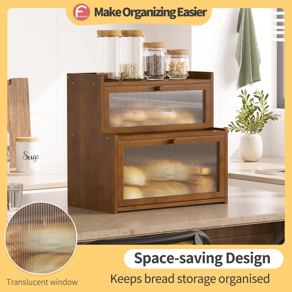 Double Layer Bamboo Counter,Bread Holder,Countertop Bread Storage with Window (Brown)