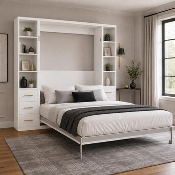 Queen Murphy Bed with Side Storage Cabinets, White Space-Saving Wall Bed