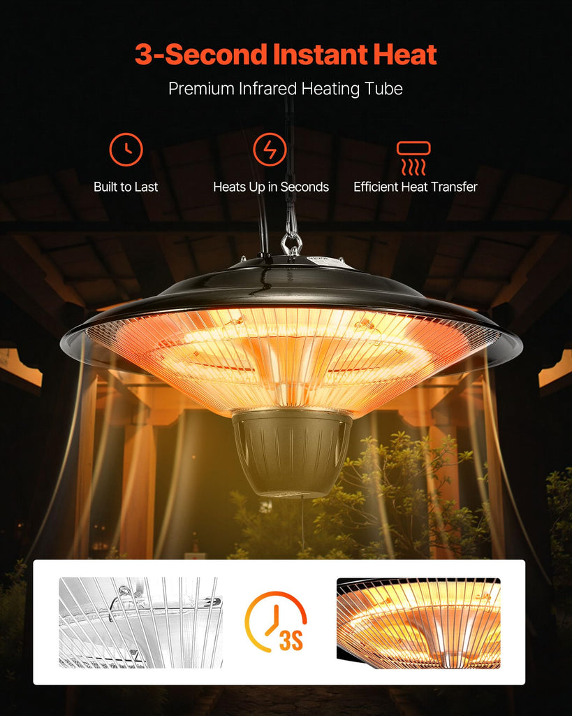 Hanging Patio Heater, 1500W Electric Space Infrared Heater, IP34 Protection with 23.6 inch Pull Cord & Adjustable