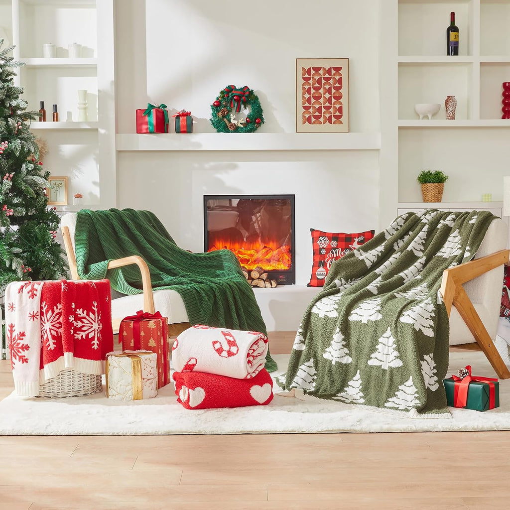 Reversible Knitted Throw Blanket, Red Christmas Snowflake, 60"x80"