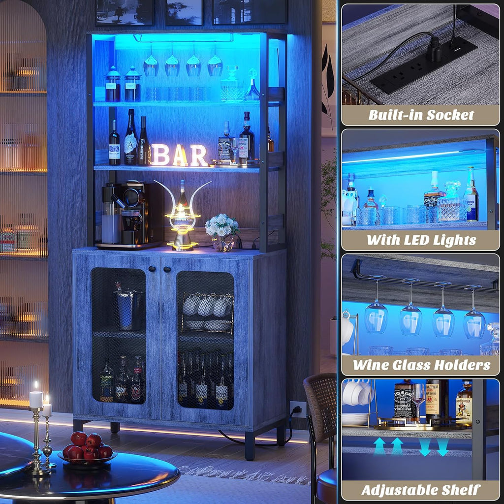 Bar Cabinet with Power Outlets,67" Tall Wine Bar Cabinet,White Oak | Liquor Cabinets with LED Lights and Glass