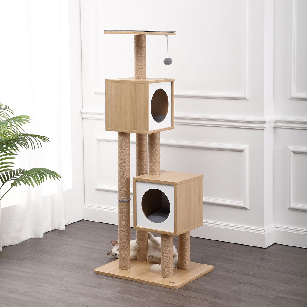 Sawyer 56" 3-Tier Minimalist Jute Cat Tree Condo with Scratching Posts, and Fuzzy Toy, Brown/White