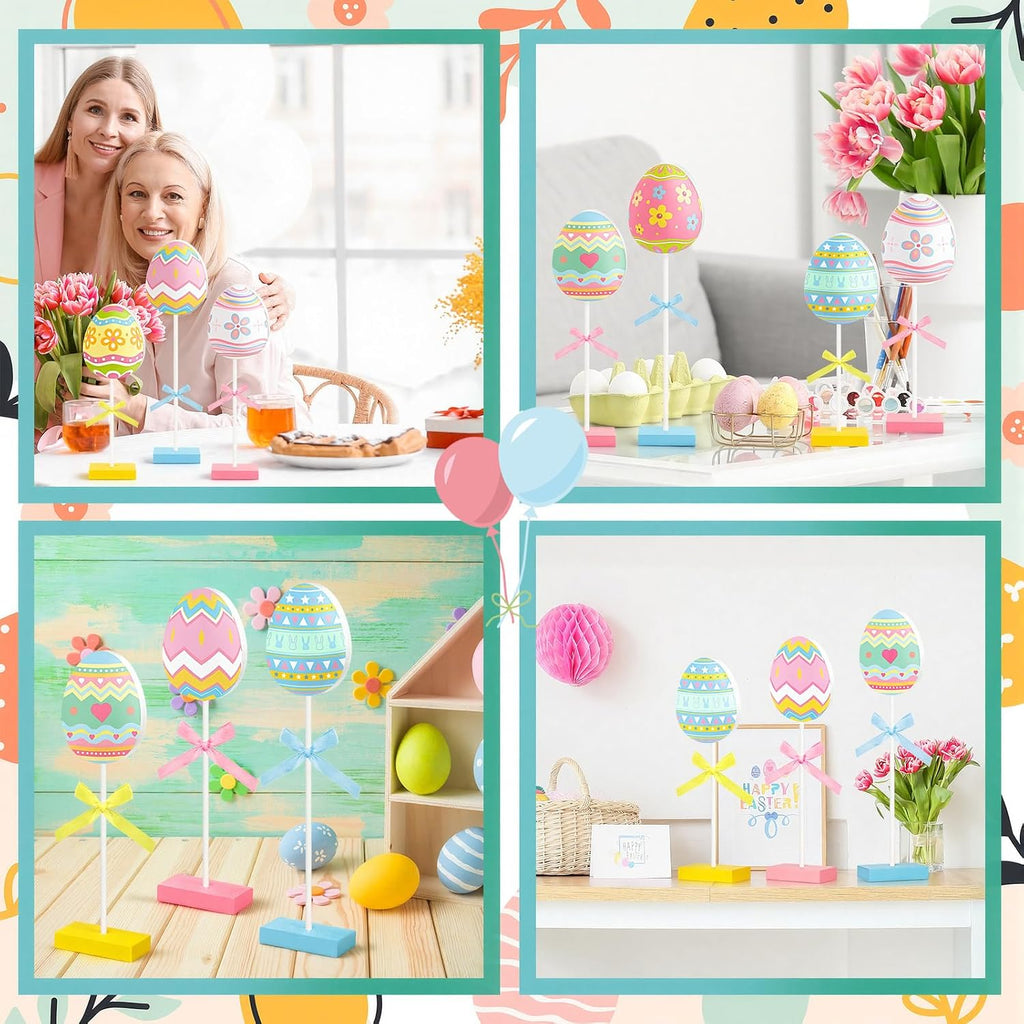 Easter Table Decorations Eggs Wooden Sign Set Spring Tall Standing Sign Colorful Table Centerpiece Bunny Floral - Set of 6