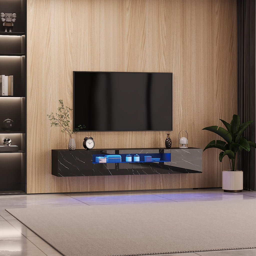 Floating TV Stand for 55 65 70 75 78 85 inch TV, Entertainment Center with LED Light and Storage Cabinet High Gloss