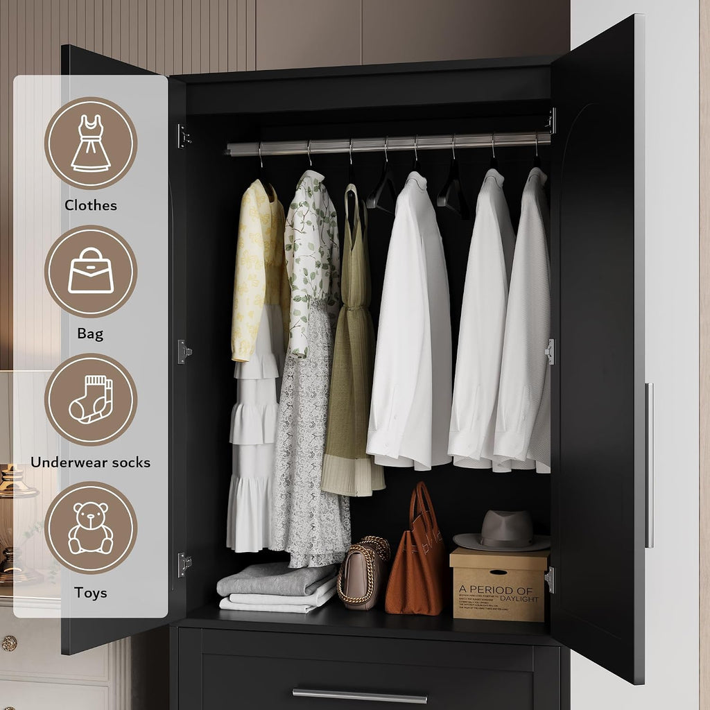 Wooden Armoire Wardrobe Closet with 2 Drawers, Clothing Storage Cabinet with Shelves Aluminum Hanging Rod, Wardrobe