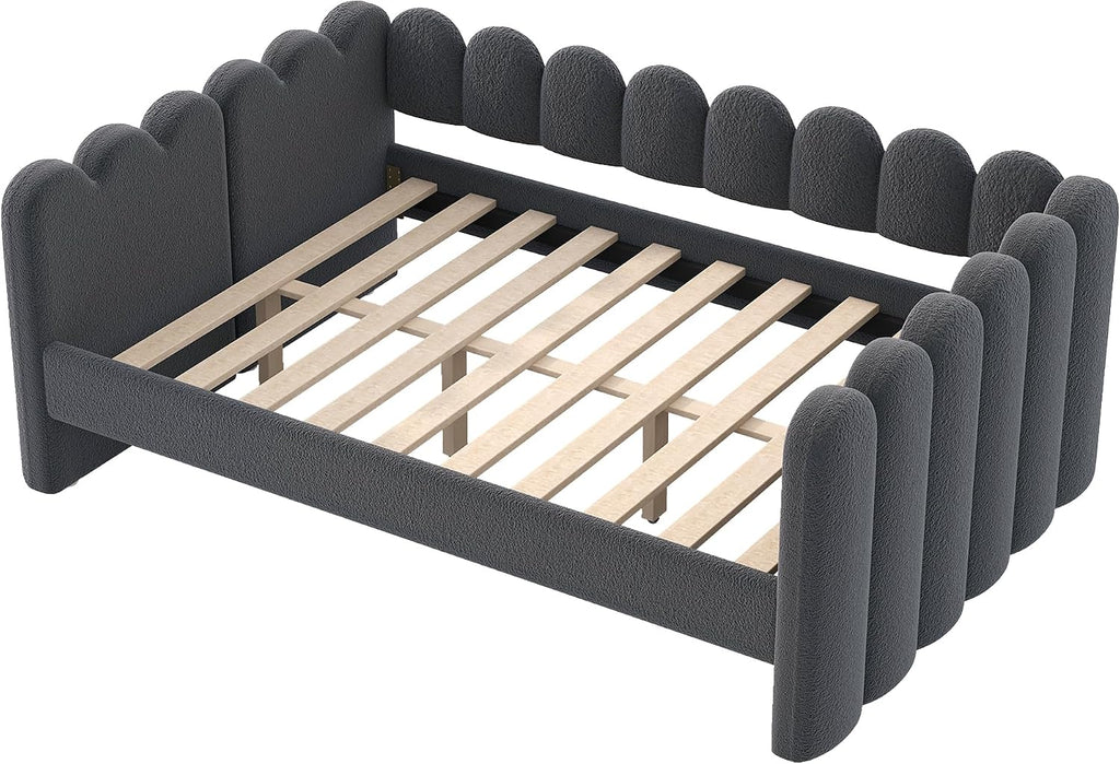 Queen Size Daybed Frame, Queen Day Bed Frame Fleece Upholstered Platform Bed with Wood Slats Support , Easy Assembly