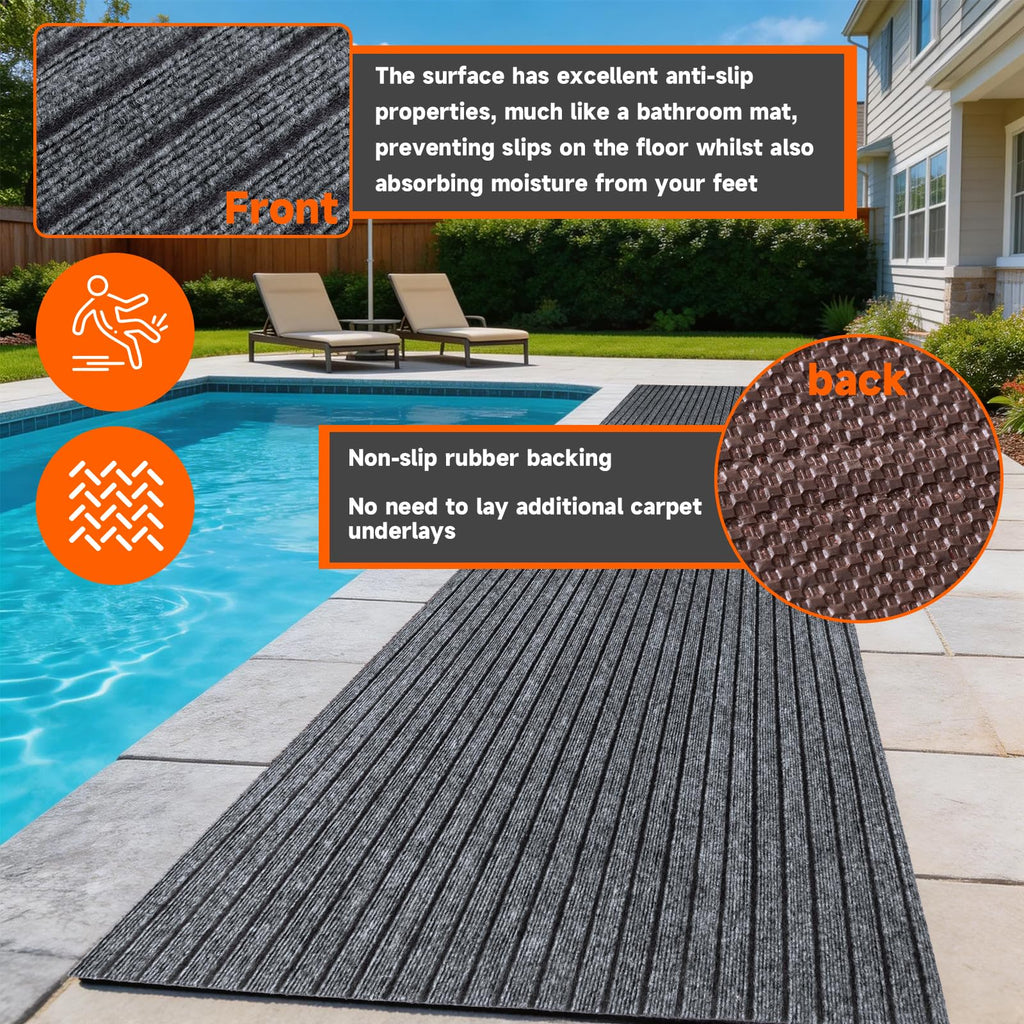 Indoor Outdoor Runner Rug, Gray Non Slip Rubber Backed Floor Runner, Low Profile Area Carpet, Balcony