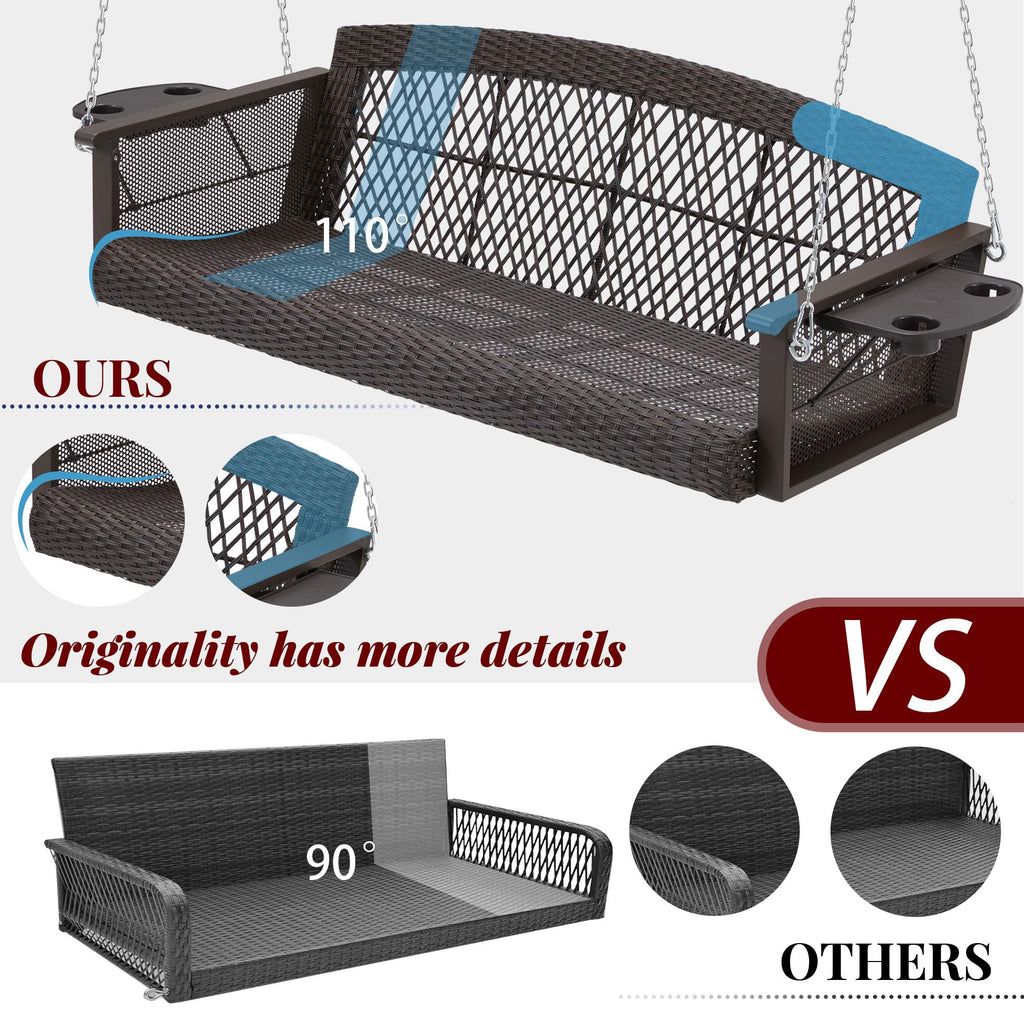 3 Seat Hanging Porch Swing with Cup Holder, Wicker Patio Swing Chair