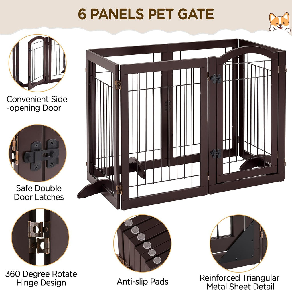 32"H 6-Panel Extra Wide Freestanding Dog Gate For Stairs Doorways