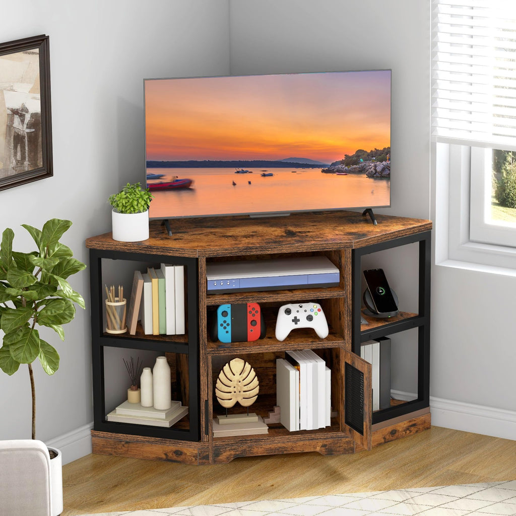 Farmhouse Corner TV Stand with Power Outlet, TV Console, Rustic Brown