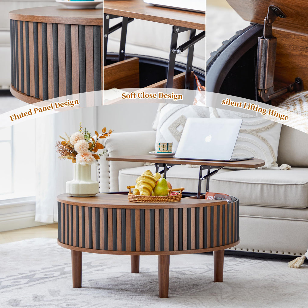 31.5" Wide Round Fluted Lift Top, Black and Walnut