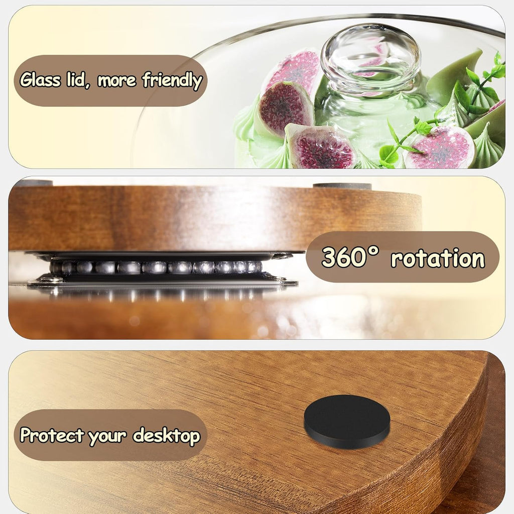 Cake Holder with Lid: 11in Wooden Rotating Cake Stand w/Glass Dome