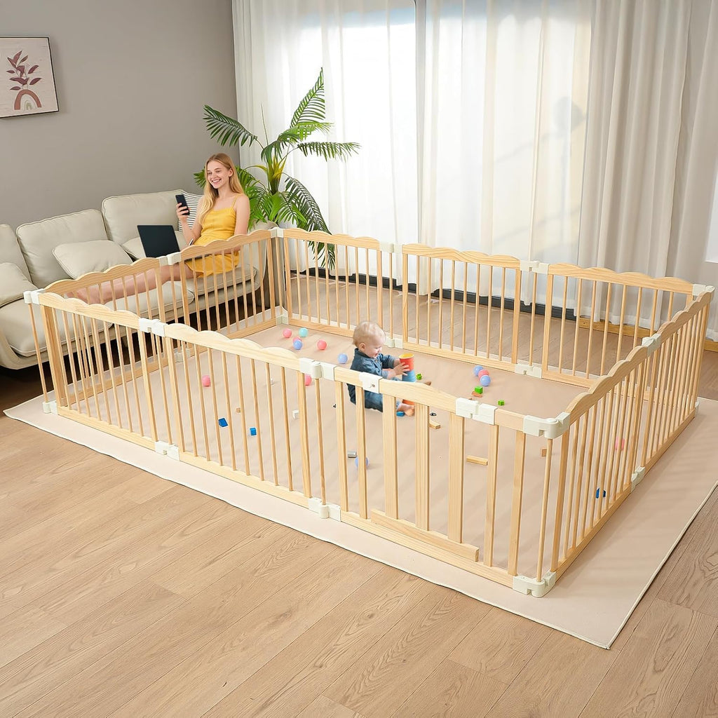 Wooden Baby Playpen 69x103 Inch Foldable Toddler Fence with Safety Lock | Extra Large Natural Wood Foldable Baby