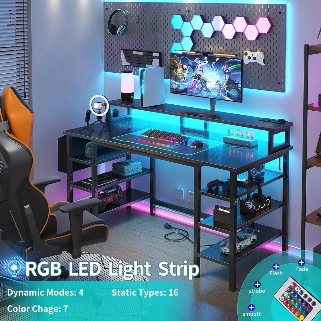 Gaming Desk with LED Lights and Storage Shelves, 47 inch Computer Desk with Power Outlets, Home Office Desk with