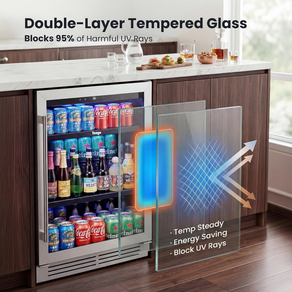 Beverage Refrigerator & Drink Fridge - 24 inch 180 Cans Beer Cooler Glass Door, 