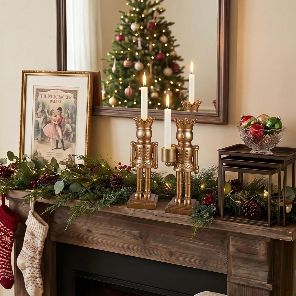 2 Pcs Gold Taper Candle Holders, Christmas Nutcracker King