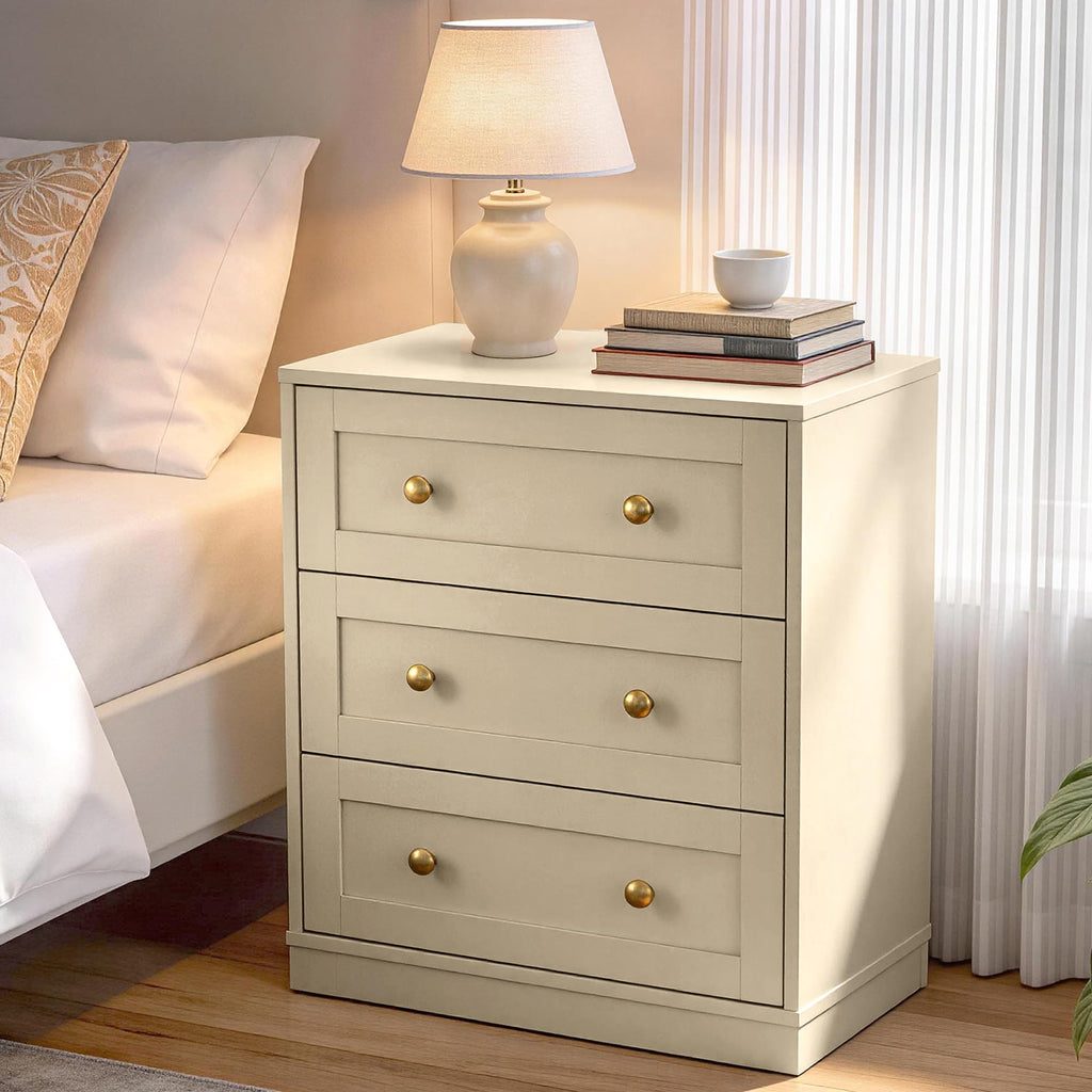 Small 3 Drawer Dresser, Beige Dresser, Wood Nightstand with Drawers, Modern Chest of Drawers for Closet, Living
