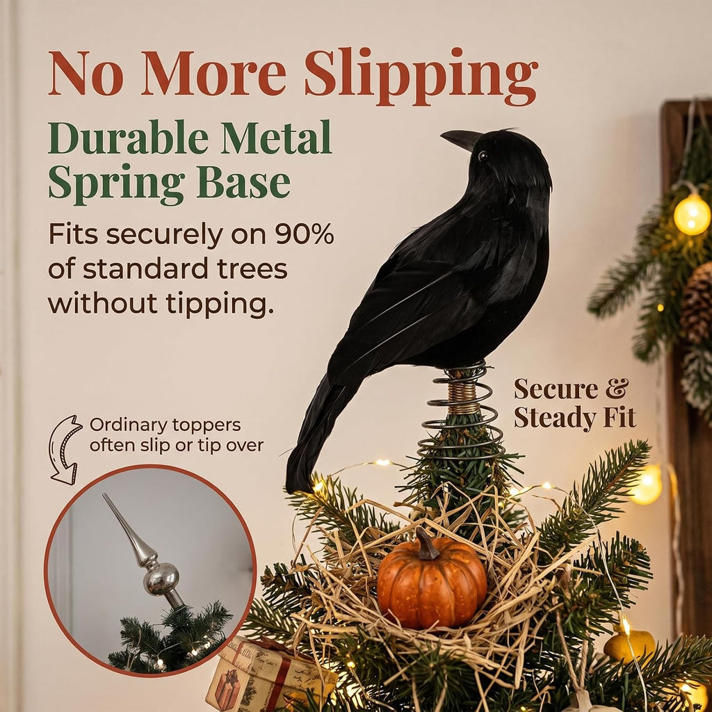 Halloween Black Crow Tree Topper Gothic Black Feathered Crow Christmas Tree Topper Raven Tree Top Ornament