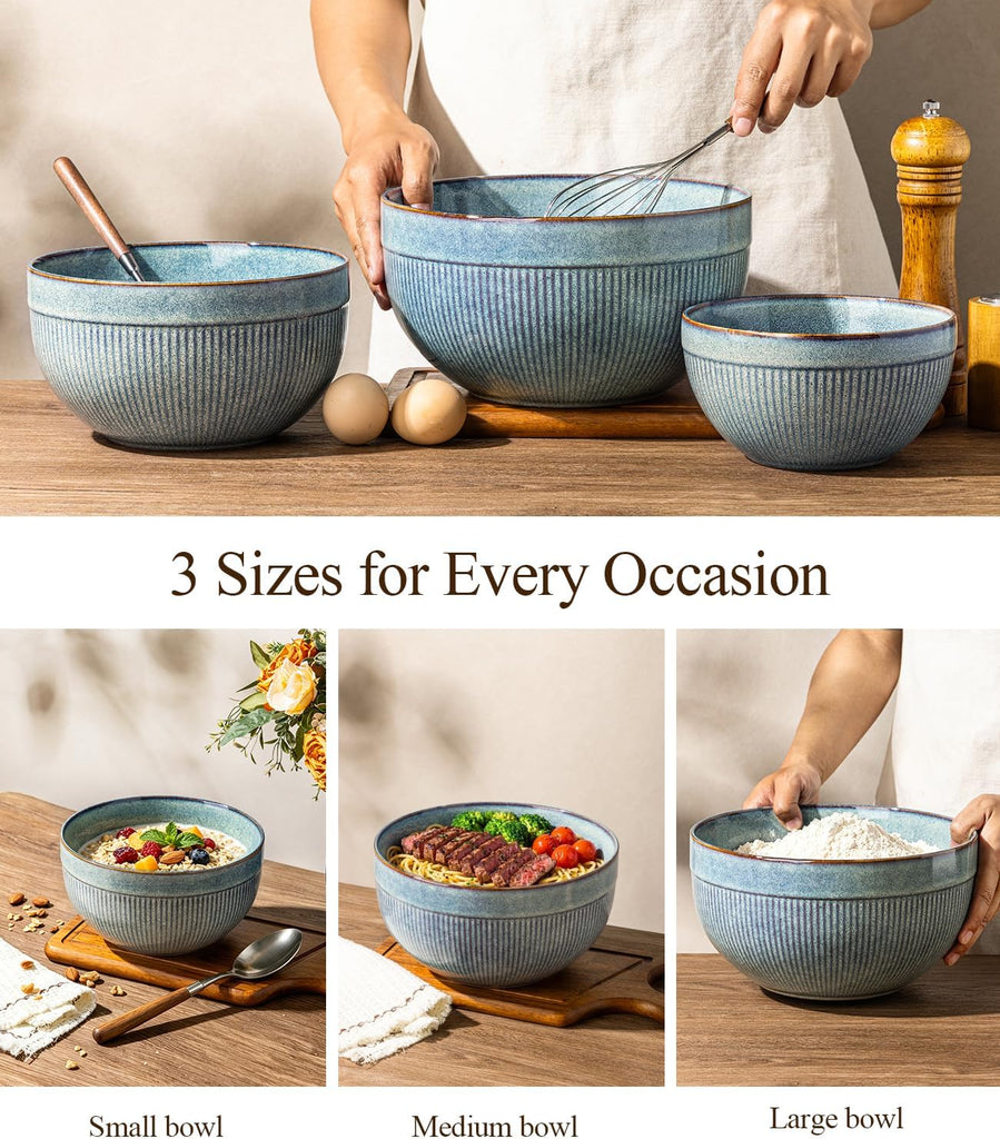 Ceramic Mixing Bowls Set of 3, Stoneware Nesting Serving Bowls, | 45/90/150 oz For Prep, Baking, Serving, Gift