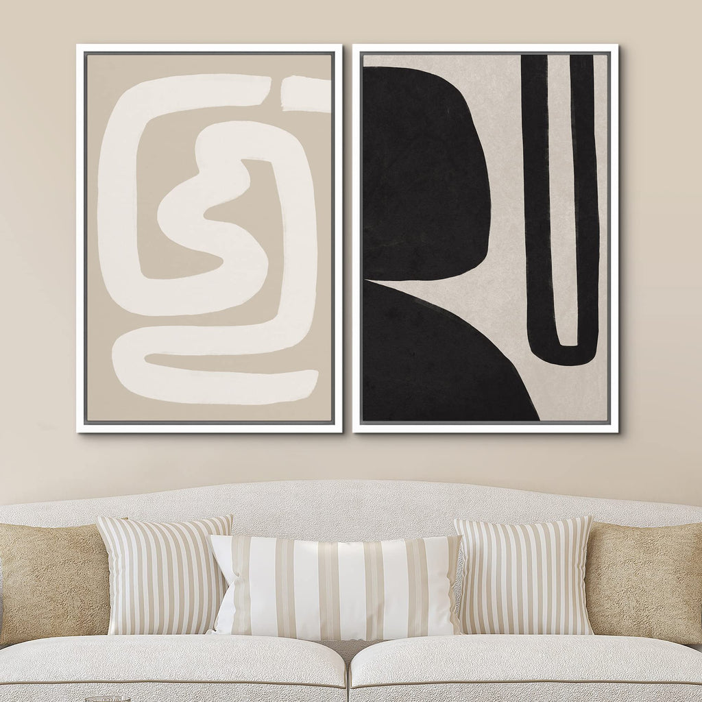 Framed Canvas Print Wall Art Set Black White Mid-Century Figures Abstract Geometric Illustrations Modern Art