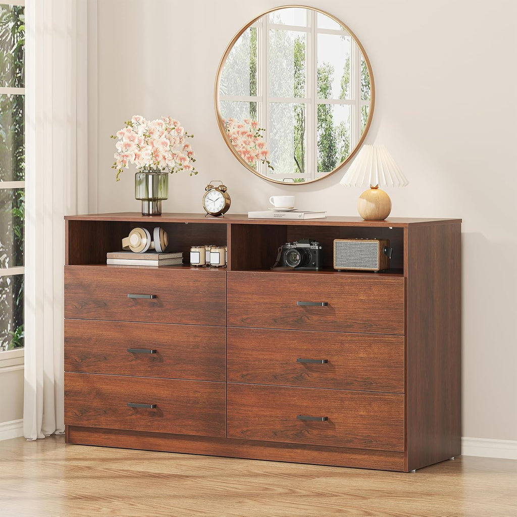 6 Drawers Dresser Wooden Drawer with Open Storage Cubby, Double Wide Dresser Organizer (Walnut Brown)