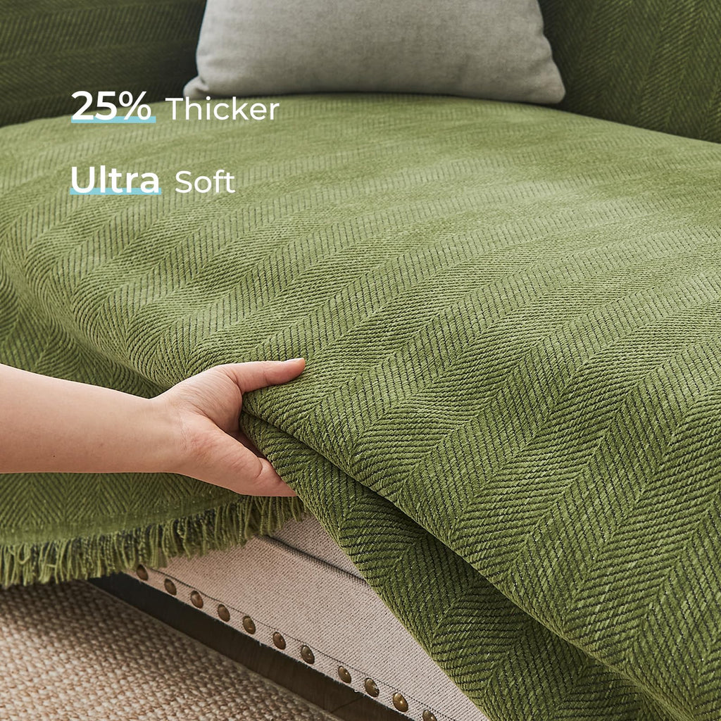 Herringbone L Shaped Couch Cover for Sectional Sofa, 2 Pcs, Green