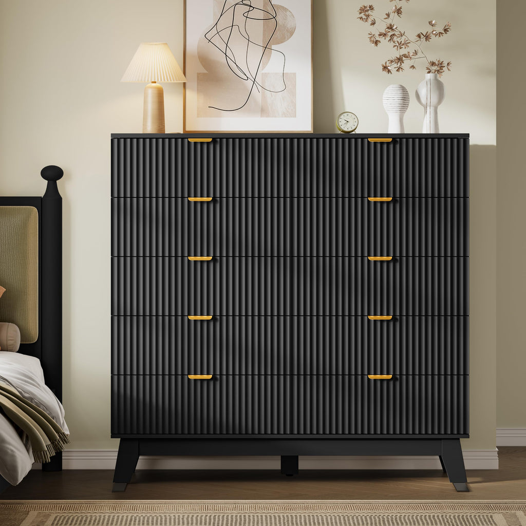 46" Tall, 10-Drawer Fluted Chest of Drawers, Modern Wood Highboy with Metal Slides and Handles, Anti-Tip Kit