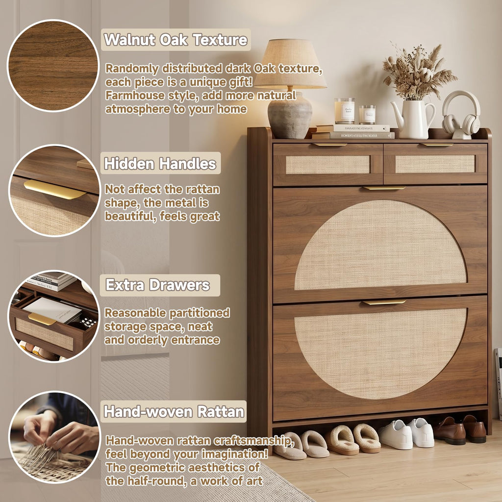 Rattan Shoe Storage Cabinet with 2 Flip Drawers & 2 Drawers, Freestanding Organizer for Front Door Entrance, Hidden