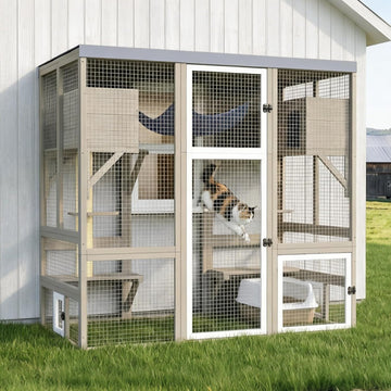 Large Catio Outdoor Cat Enclosure, Walk-in Cat Patio with 4 Levels, Cat Condo Hammock & Scratching Posts, Flat Roof