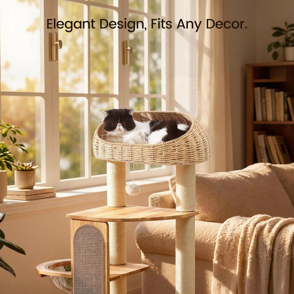 59-inch Cat Tree, Cat Tower with Scratching Post, Extra Long Sisal Blanket, Handwoven Basket & Space Capsule Nest