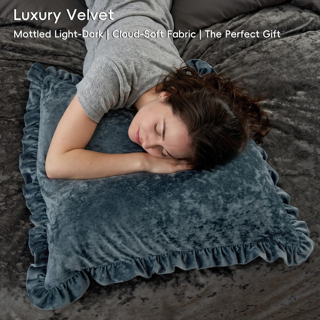 Truly Velvet Ruffle Euro Shams 26" x 26", Stormy Blue, No Insert