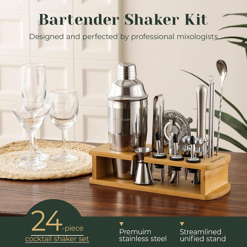 Cocktail Shaker Set,24-Piece Bartender Kit - Complete Bartending Kit Bar Set with Stand,Drink Shaker & Mixer - Set of 24