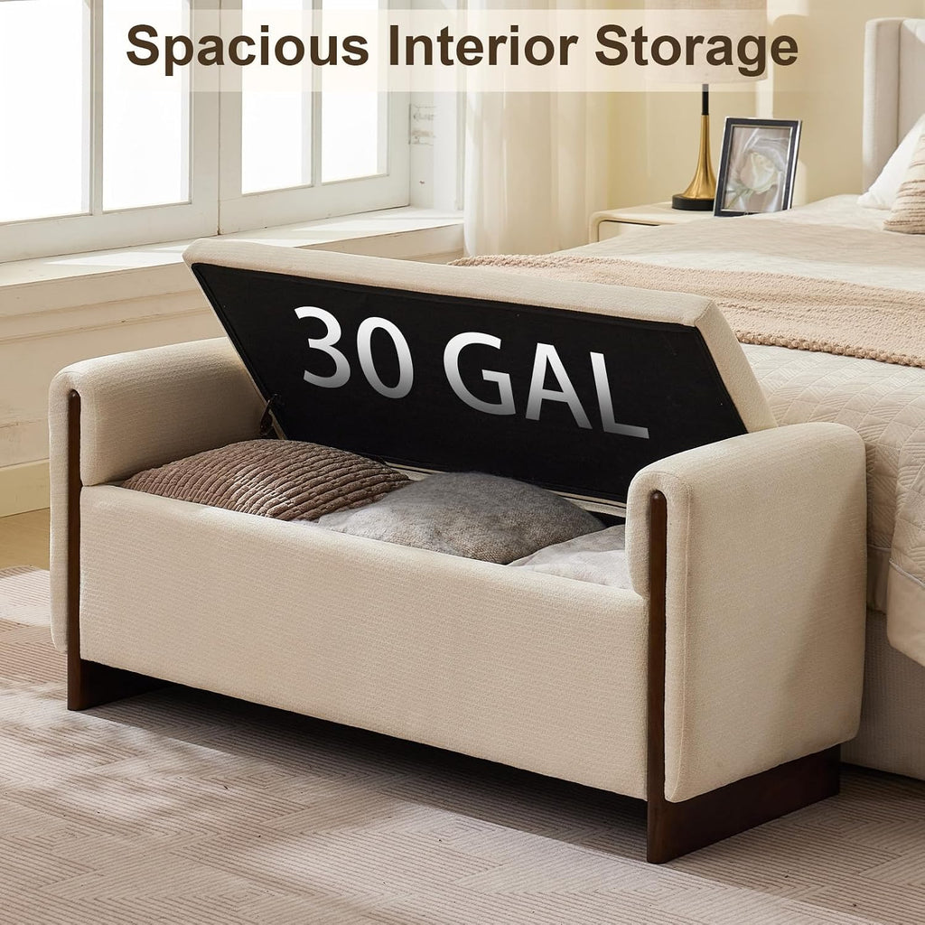 50.8 inch Storage Ottoman Bench with Armrests, Hidden Storage, Beige | End of Bed Bench, Bedroom Storage Bench