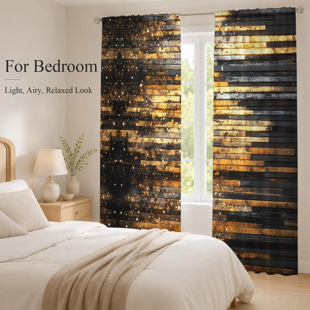 Sheer Curtains 96 Inches Long, Luxury Golden Black Light Filtering Window Curtains , Geometric Art Deco Modern Rod
